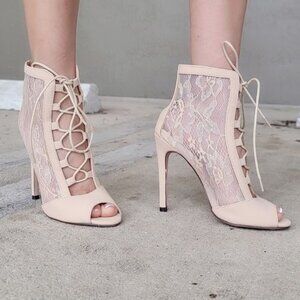 Women Ankle Open Toe High Heel Booties Lace Up Nude Color